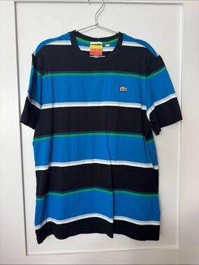 Lacoste Blue, Black and Green Striped Short Sleeve Tee